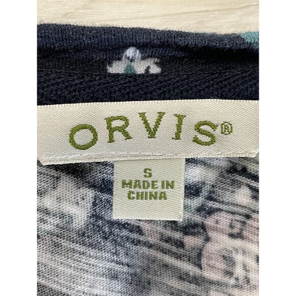 Orvis Shirt Womens Small Navy Blue Floral 3/4 Sleeve Scoop Neck Pocket 2SKL - Picture 6 of 10